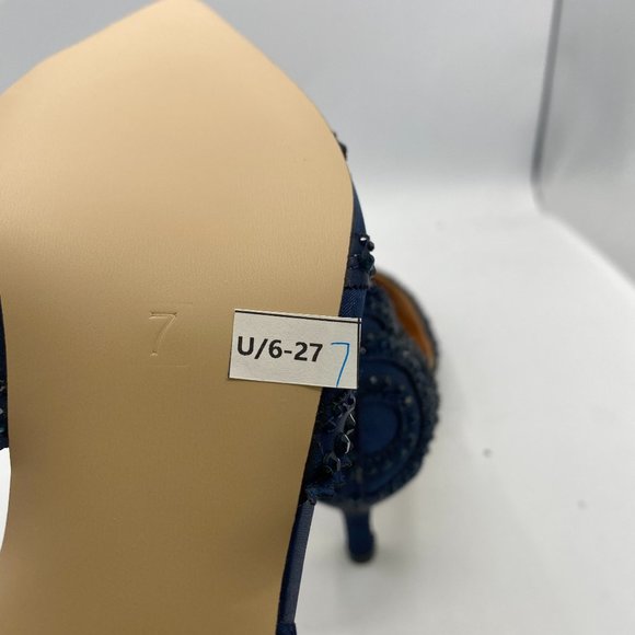 XYD Navy Pointed Toe Low Heel D'Orsay Rhinestone Studs Pumps - Picture 7 of 8